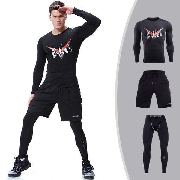 

new quick-drying compression shirt long-sleeved t-shirt plus size fitness clothing solid fitness clothes three-piece suit body suit, Gray