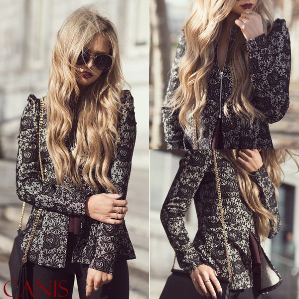 

fashion women lace long sleeve jacket open front zip up jacket coat retro floral outwear autumn women 2018, Black;brown