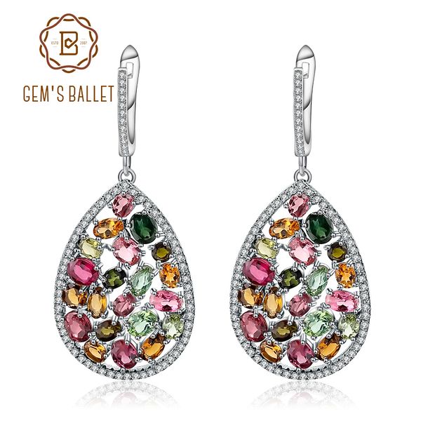 

gem's ballet 925 sterling silver earrings 10.95ct colorful natural tourmaline gemstone drop earrings for women fine jewelry, Golden;silver
