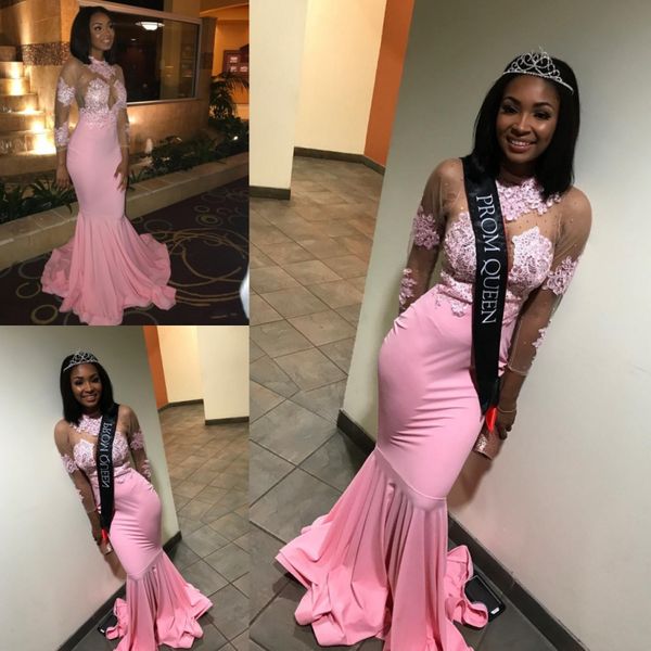 

african pink mermaid prom dresses lace appliques sheer long sleeves evening gowns ruffles sweep train formal party dress women formal wear, Black