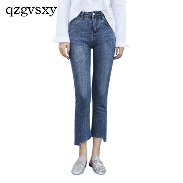 

2018 new fashion women's jeans classic comfort wild nine-point irregularbotom of a trouser leg jeans, Blue