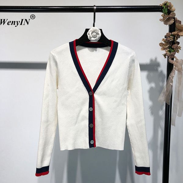 

wenyin 2018 осень мода уличная классический полосатый пэчворк кардиган женщин свитер повседневная перемычка wy-544, White;black