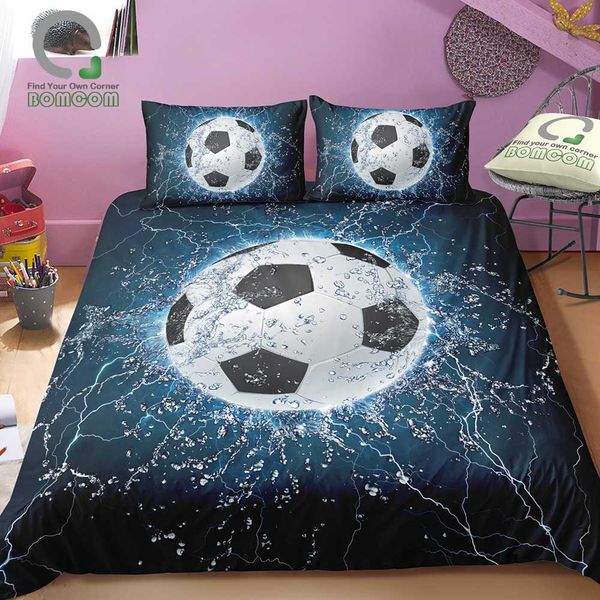 

bomcom 3d digital printing football bedding set soccer ball in goal net duvet cover sets 100% microfiber dark blue