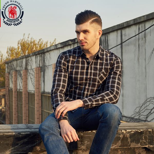 

fredd marshall 2018 new fashion casual long sleeved plaid shirt 100% cotton social business dress shirt brand clothing plus size, White;black