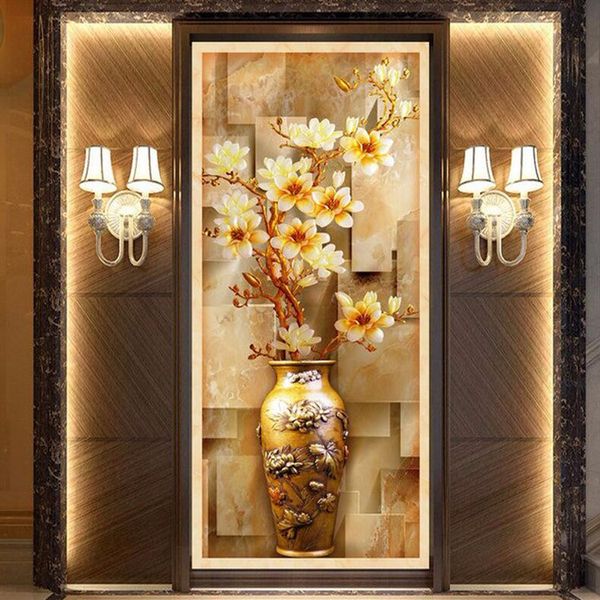 

wholesale-custom 3d murals wallpaper for living room entrance corridor 3d stereoscopic relief european magnolia vase wall mural wallpaper