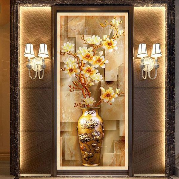 

wholesale-custom 3d murals wallpaper for living room entrance corridor 3d stereoscopic relief european magnolia vase wall mural wallpaper