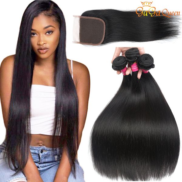 

brazilian straight hair with closure 8a brazilian virgin hair 3 bundles with lace closure 4x4 brazilian lace closure with bundles human hair, Black
