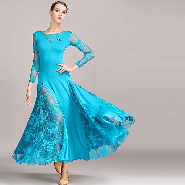Kostenloser Versand Erwachsene / Frauen Ballroom Dance Kleid Damen Moderne Walzer Tango Standard Wettbewerb Praxis Spitze Stitching Dance Dress Blau Grün