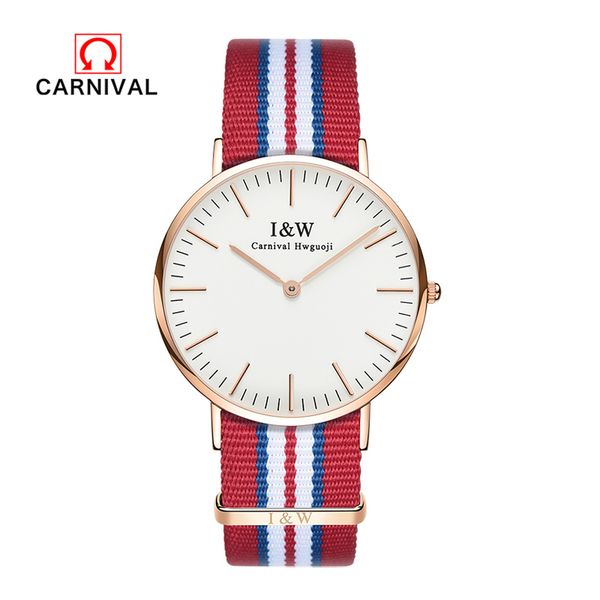 

carnival 2018 women watch brand waterproof stainless steel quartz wristwatches blue and red nylon cloth strap watches, Slivery;brown
