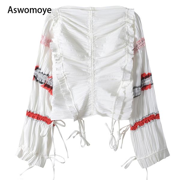 

2018 autumn new fashion women blouse retro striped pleated fringes jackets slim full sleeve chiffon shirts, White
