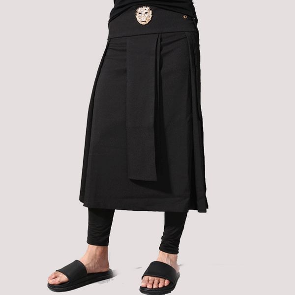 

avant garde adjustable waist mens casual skirt pant leopard head decoration punk hip-hop male fashion show trousers costumes, Black