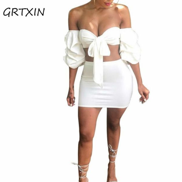 

women 2018 summer fashion off the shoulder 2 pieces mini dress puff sleeve tie-up club wear dress for women, White;black