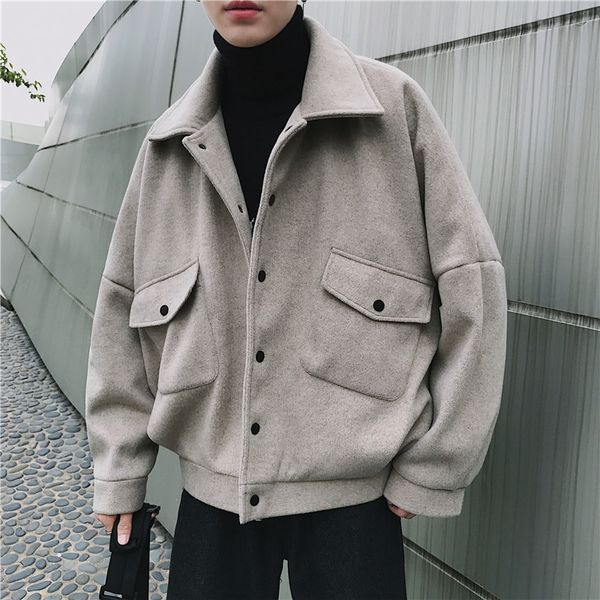 

2018 autumn and winter men's fashion simple pocket decoration woolen blends lapel overcoat solid color loose casual coats m-2xl, Black