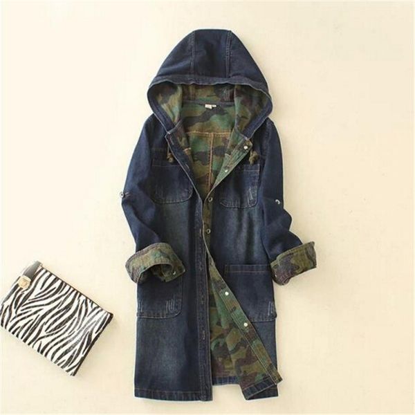 

2016 women long jacket coat single-breasted long denim hooded jacket camouflage women denim jacket,wh0096, Black;brown