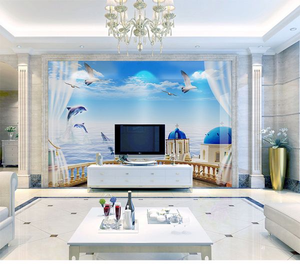

пользовательские розничная 3d чайка дельфины тв фон стены голубое небо белые облака море и небо один морской лев плавание чайка полет фреска