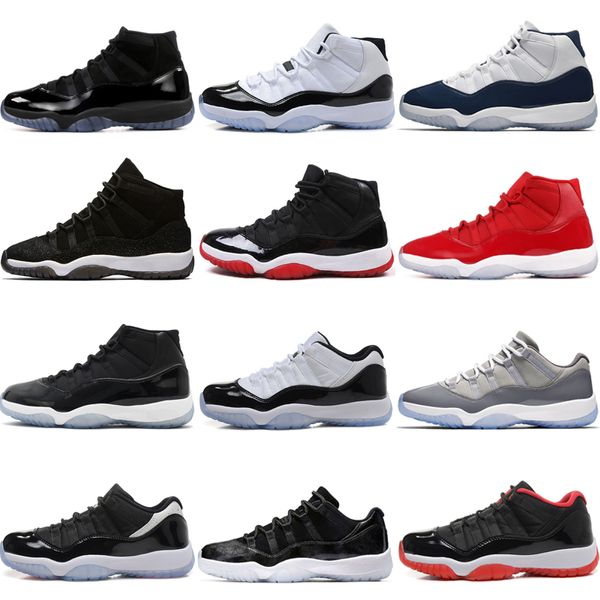 

11 11s cap and gown prom night men basketball shoes platinum tint gym red bred prm heiress barons concord 45 grey mens sports sneakers, Black