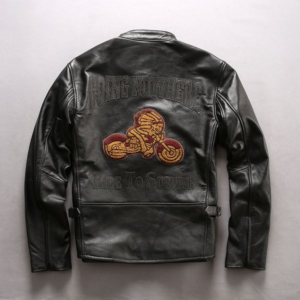 

punk style avirexfly men genuine leather jackets motorcycle embroidery back holiday racers rough ride it, Black