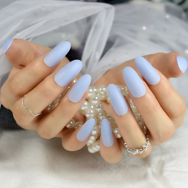

artificial long lady false nails medium sky blue matte press-on nails full cover manicure tools salon products, Red;gold