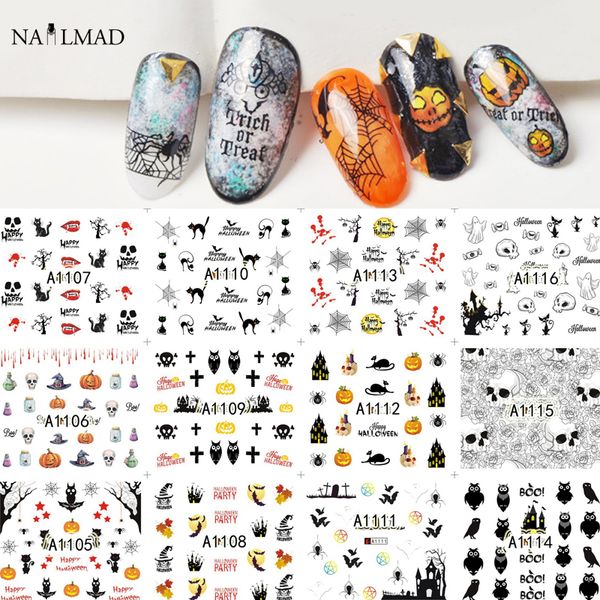 

12 patterns/sheet halloween nail water decals flowers transfer stickers skull nail art sticker tattoo decals, Black