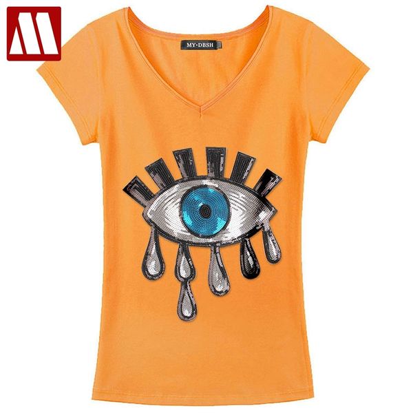 

2018 Мода с коротким рукавом глаза вышивка блестками футболка женщины хлопок футбо