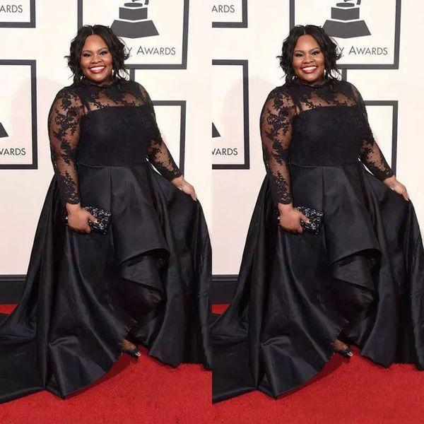 

custom made plus size evening gowns sheer neckline long sleeves lace bodice ruched puffy skirt black satin plus size formal dresses, Black;red