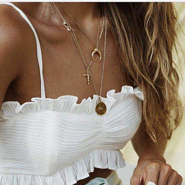 

meidi vintage multilayer necklace cross horns coin clavicle chain gold metal necklace for women fashion jewelry wholesale, Golden;silver