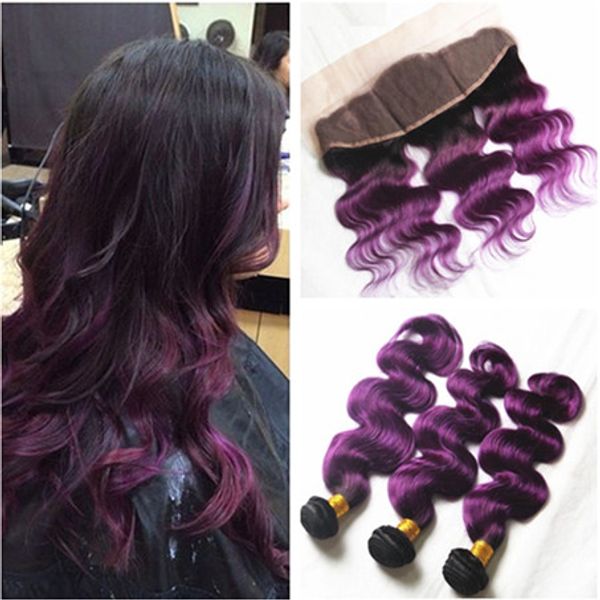 Malaysian Ombre Purple Human Hair With Lace Frontal 3bundles Dark