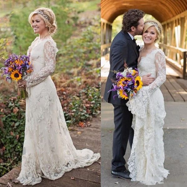 

Сексуальные кружева богемной V-образным вырезом свадебные платья с длинным рукав