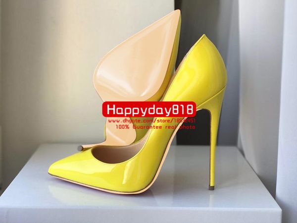 Livre Foto real Luxura Couro Genuíno Moda Mulheres Lady Yellow Patent Leather Sandálias Sandálias 12cm 10cm 8cm