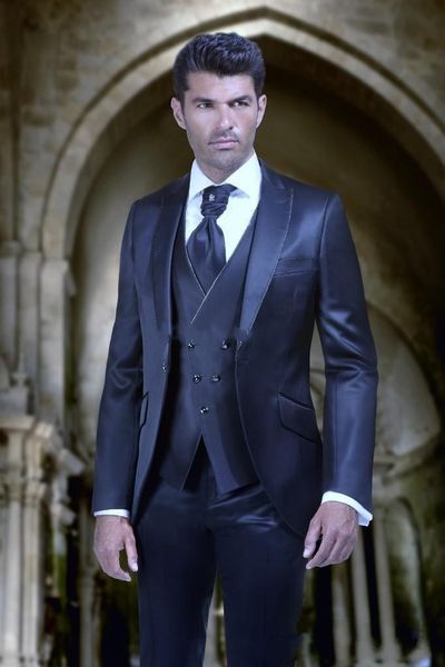 

groom tuxedos one button shiny blue peak lapel groomsmen man suit wedding mens suits (jacket+pants+vest+tie) j225, Black;gray