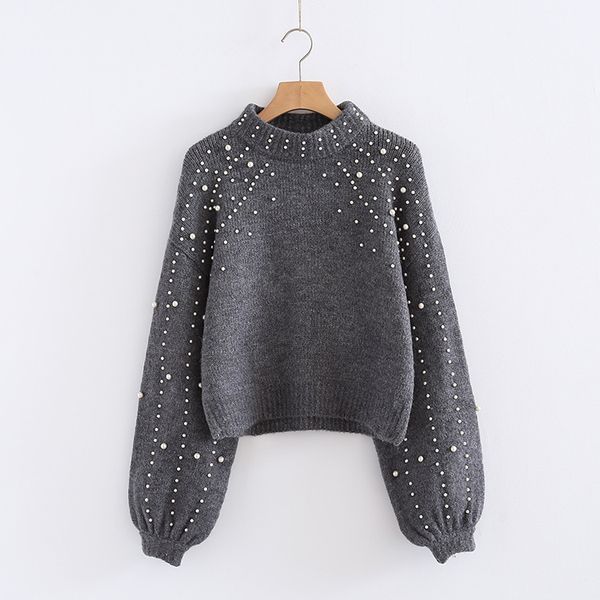 

autumn pearl beaded knitted sweater women lantern sleeve loose short pullover female soft warm turtleneck sweater 2018, White;black