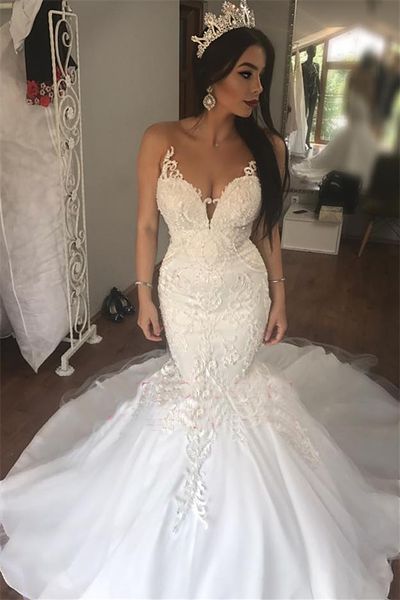 

Sleeveless See Through Tulle Sexy Wedding Dresses Mermaid Beads Appliques Bridal Dress with Long Train Custom Made Wedding Gowns