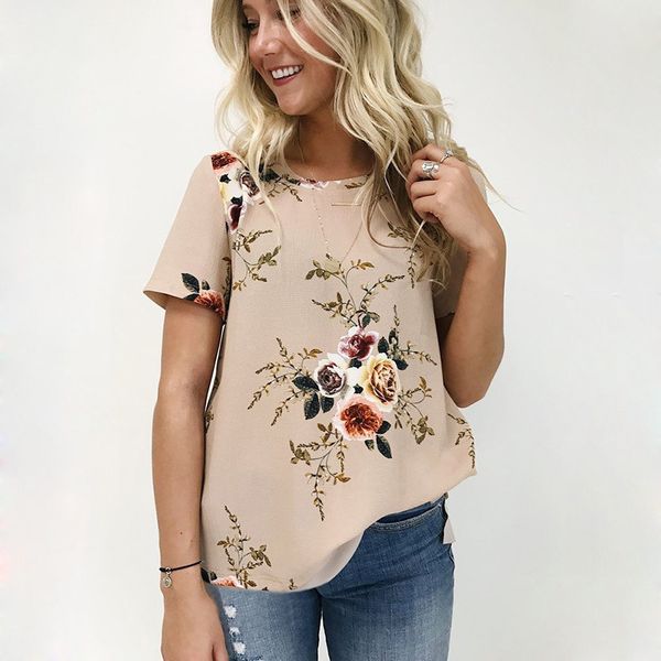 

высокое качество лето новая мода цифровой цветок печати майка женщины повседневная свободные топы футболки круглый вырез блузка рубашка, White