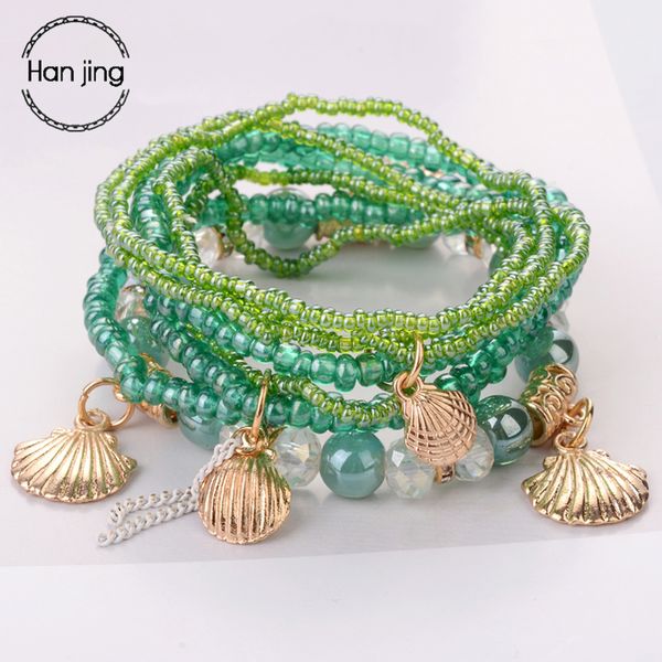 

fashion boho sea shell scallop rose gold charm bracelets & bangles women jewelry crystal beads wrap bracelet set gifts for women, Golden;silver