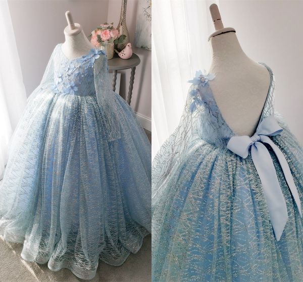 Winter Magic Sparkle Flower Girls Abiti 2019 Maniche lunghe Bow Back Real Photo Ballgown Princess Little Girls Abiti da spettacolo fatti a mano