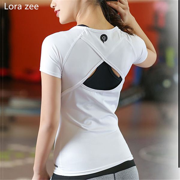 

lora zee backless yoga shirts hollow out sports shirts women white workout vest solid slim running shirt sport gym clothes, White;red