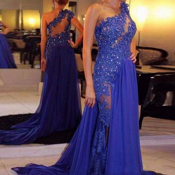 

Elegant A-Line Evening Dresses 2018 One-Shoulder Prom Party Dresses Applique Beading Split Sweep Train Formal Party Gowns