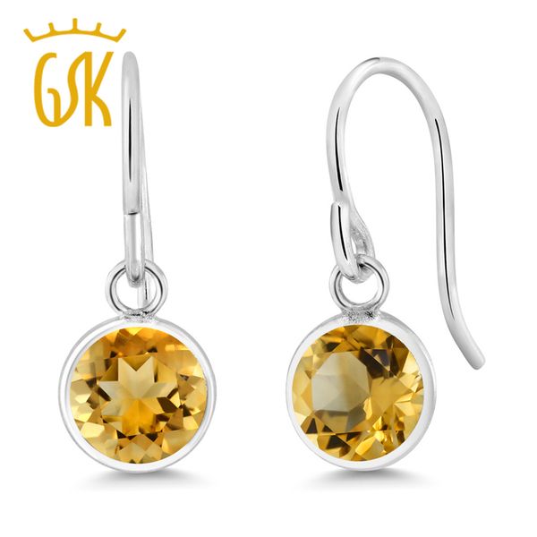 

gemstoneking 1.40 ct 6mm round natural citrine earrings for women fine jewelry 925 sterling silver bezel drop earrings, Golden;silver