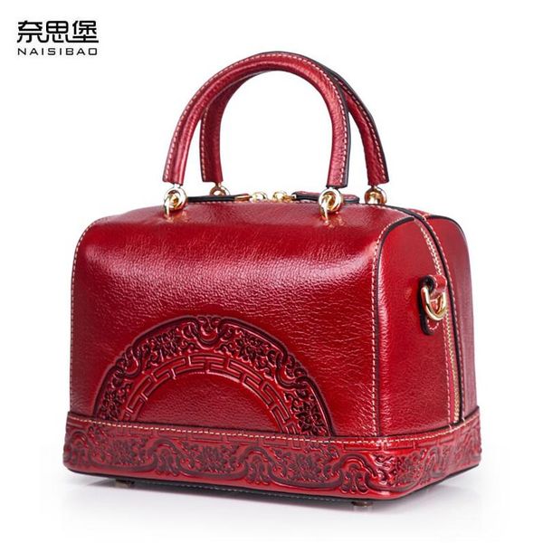 

genuine leather women bag chinese wind embossed shoulder bag 2018 new retro boston