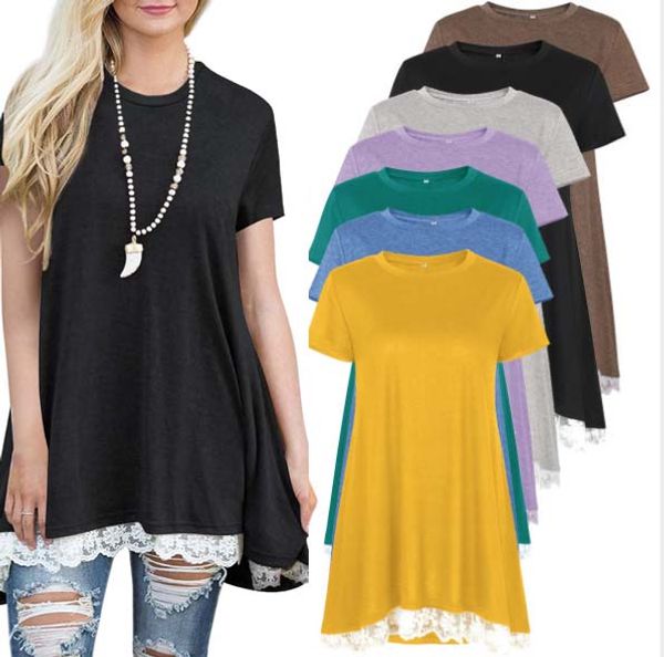 

10 Colors Womens Summer Loose Lace Patched Patchwork Casual Short Sleeve Tunic Tops Loose Blouse T Shirt Plus Size XXL