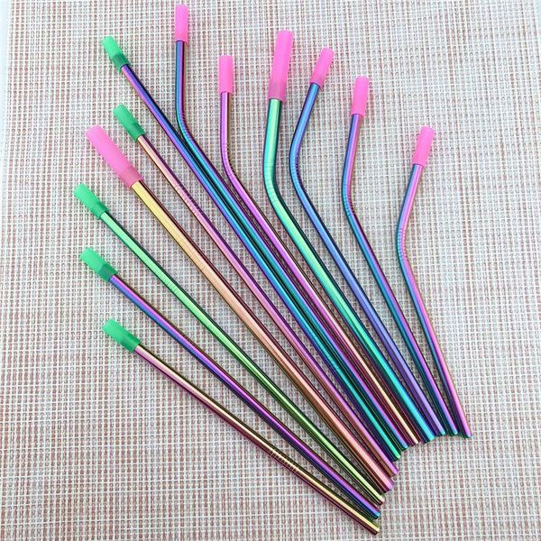 Atacado 100 pcs Rainbow Reusável Metal Beber Studys Cabeçalho de Silicone Aço Inoxidável Em Direto Bent Com Cleaner Brush Bar Party Acessório