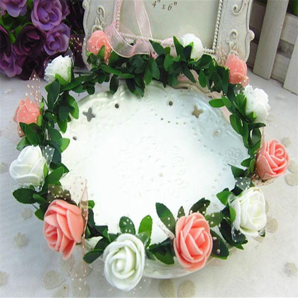 

2018 new tiaras bride foam flower women rose crown hairband wedding garland ribbon hair band festival flower hair wreath ws502, Golden;white