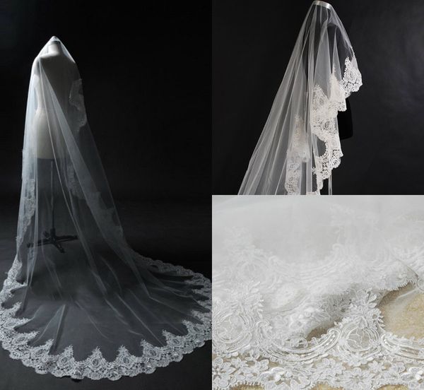 

romantic wedding veils lace appliques one layer bridal veils chapel length 3d floral long bridal accessories, Black