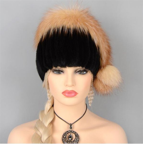 

real hats new design 2018 warm knitted winter ladies fur caps with natural silver fur white black gray h57, Blue;gray