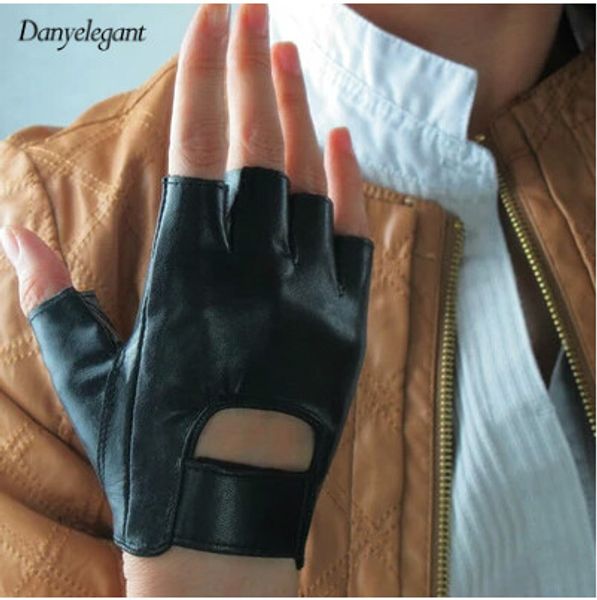 

gloves genuine pure sheepskin leather black semi-finger fingerless ride hip-hop gloves for elegant women, Blue;gray