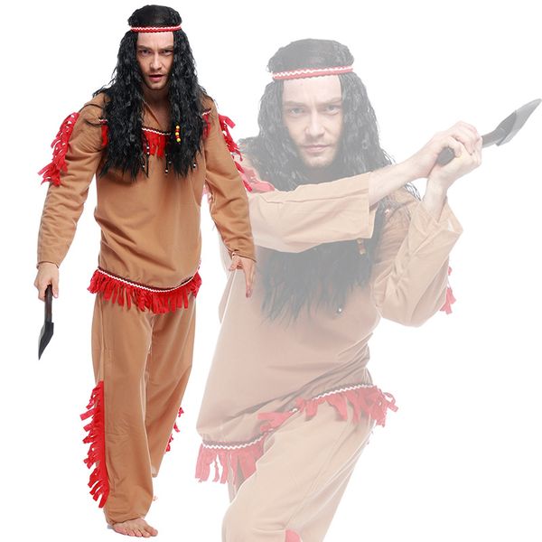 

halloween cosplay clothing savage clothes brown dress suit pirate stage clothes man indians cosplay halloween party, Black;red