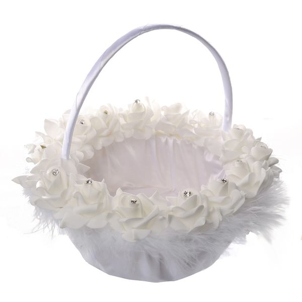 

White Ostrich Feather Flower Girl Basket Elegant Round Rose Flower Basket Wedding Favors Wedding Decoration New