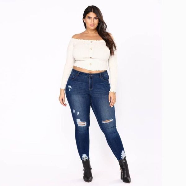 

women plus size ripped stretch slim jeans pants high waist trousers 031562, Blue