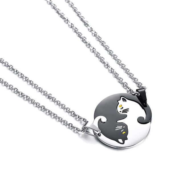 Set di 2 collane con ciondolo coppia gatto nero Yin Yang in argento in acciaio inossidabile regalo per migliore amico coppia ciondolo coppia ad incastro come puzzle