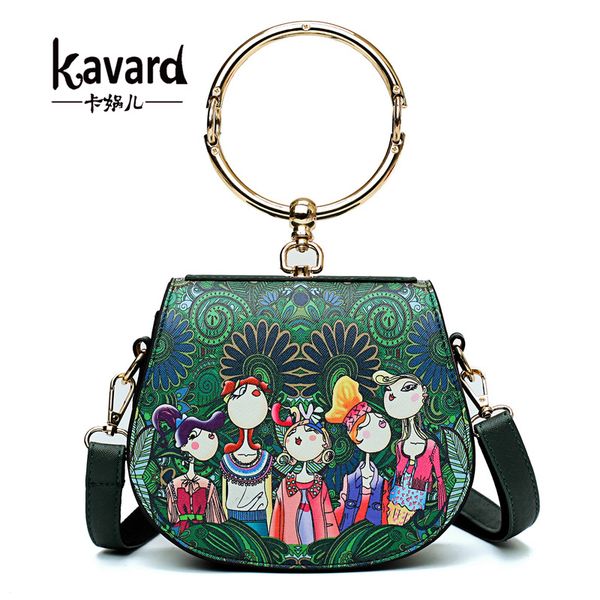 

Kavard Mini Printing Handbags Women Messenger Bags Metal Round Handle Casual Tote Saddle Bags Pu Leather Female Shoulder